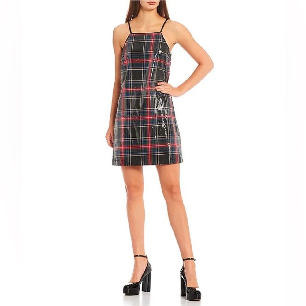 Copper Key Mini Dress Halter Plaid Print Sequin Dress size S but fits medium.
